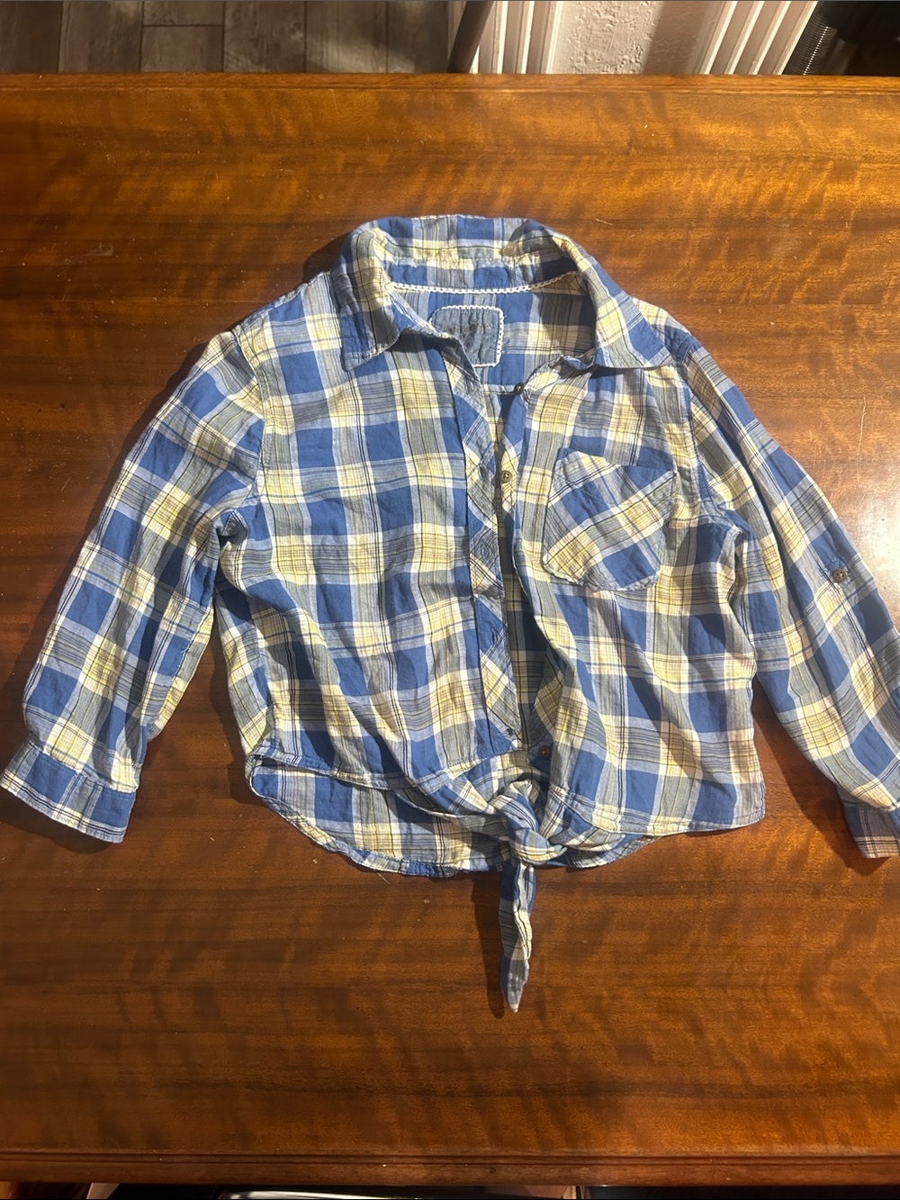 Arizona Jean Company Blue and Cream Plaid Tie-Front Button-Down Shirt